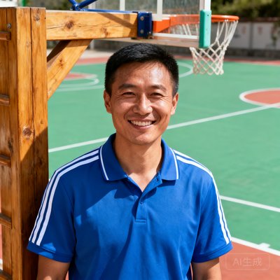 云南山区中学体育老师张伟的半身照，穿着运动polo衫站在篮球场边微笑